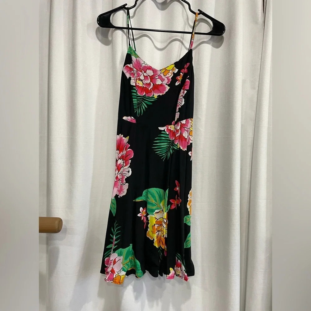 Old Navy Floral Dress Black Hawaii Flowers XS Adjustable Spaghetti Straps
